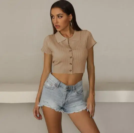 

Fast Shipping Fashion Women Clothes Summer T shirt Ribbed material soft Crop top for women tops
