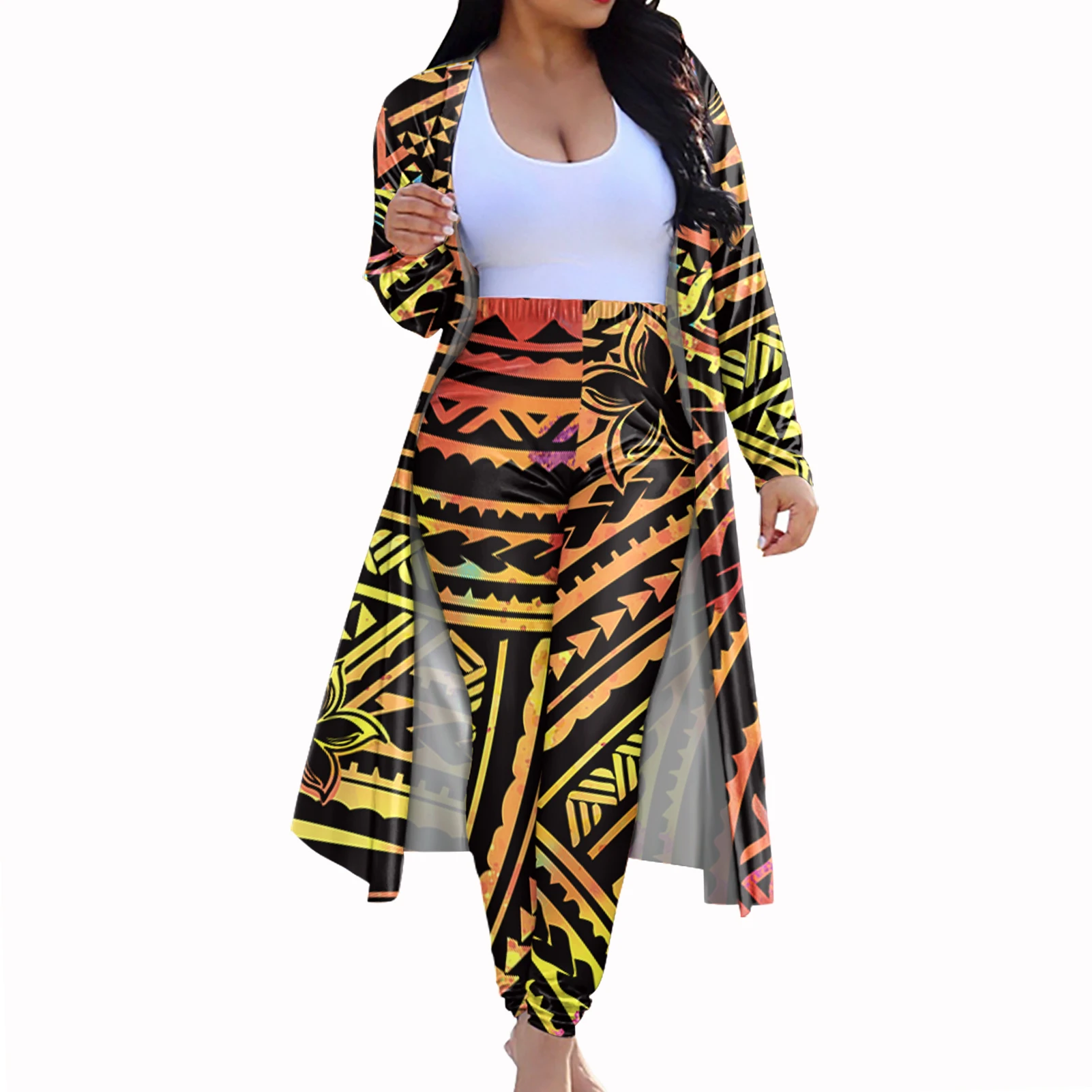 

New Arrivals Polynesian Tribal Design Womens Two Piece Outfits Floral Printed Cardigan Trench Coat & Skinny Long Pants Sweatsuit