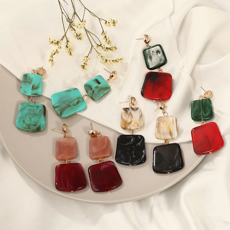 

Newest Fashion Minimalist Women Jewelry Double Layer Acetate Square Drop Earrings Mix Color Irregular Geometric Acrylic Earrings