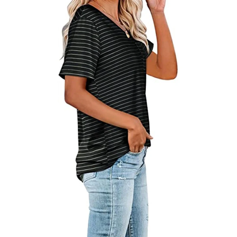 

Summer New Printing Loose Short-Sleeve Multi-Color Striped V Neck Women'S T-Shirt