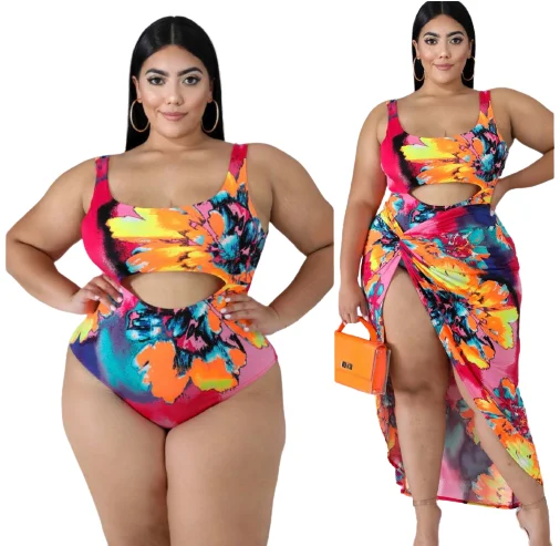 

2021 Print Women Hollow Out Swimsuit Plus Size Swimwear Beach Wear Sexy Bikini Swim Bathing Suit With Cover Up, Photo color