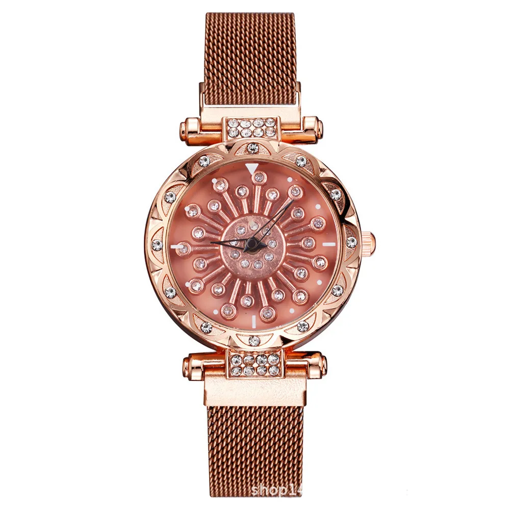 

Fashion Flower Rotating Dial Diamond Gold Watches Luxury women Wrist Quartz Watches Magnetic women watches, Choose