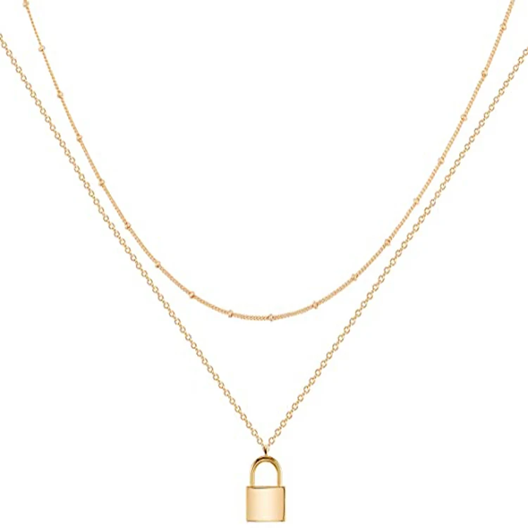 

High Quality Trendy Layered Necklace Gold Lock Shape Choker for Women, Gold/silver