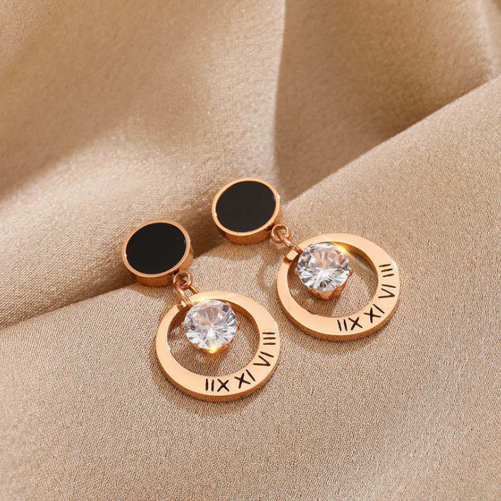 

New Roman digital ring single drill titanium steel earrings for women Korean East Gate retro stainless steel Jewelry Y234