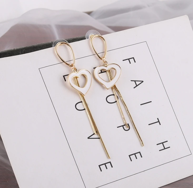 

s925 silver post white hollow heart tassel earrings women long fashion simple earrings