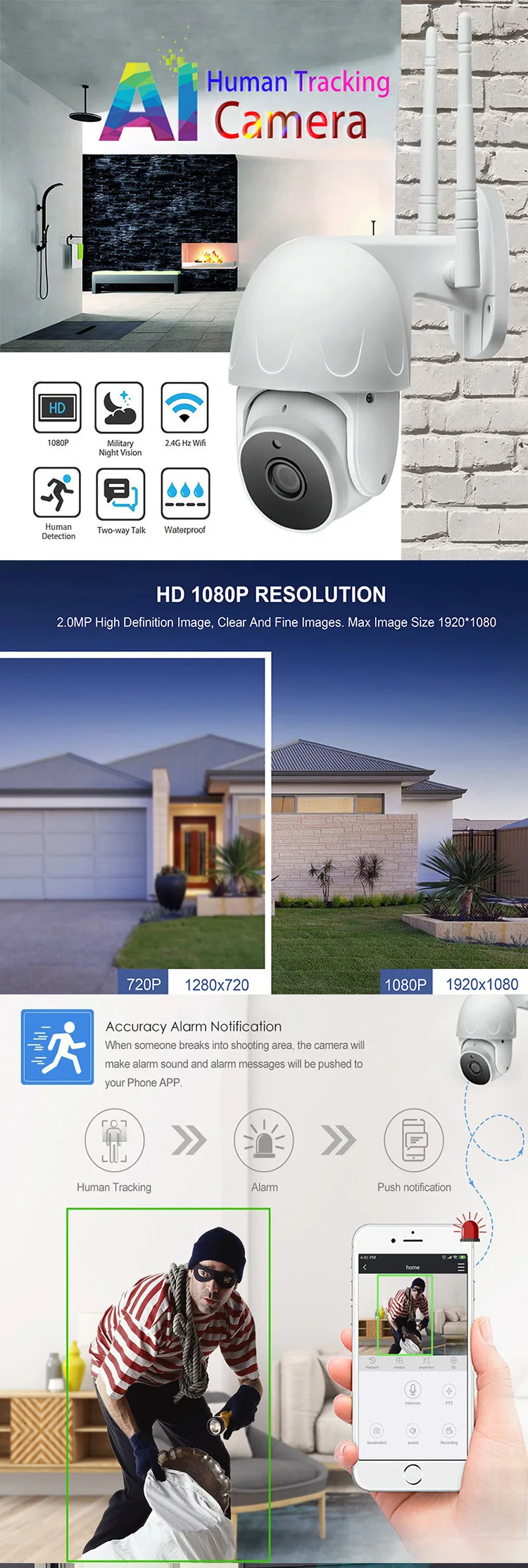 Innotronik 1080P H.265 Wireless PTZ IP Camera AI Human Auto Tracking Motion Detection IP66 CCTV Outdoor Human Tracking Camera