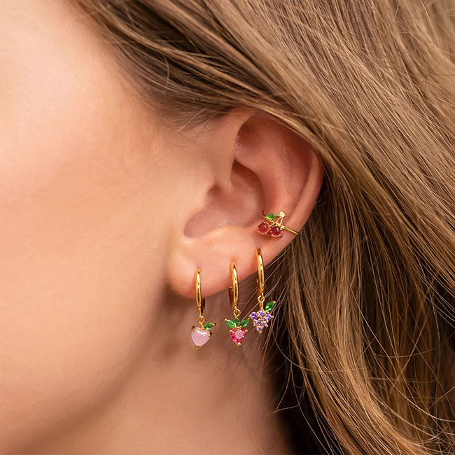 

Trendy new design rainbow fruit rhinestone gems hoop earrings, Gold