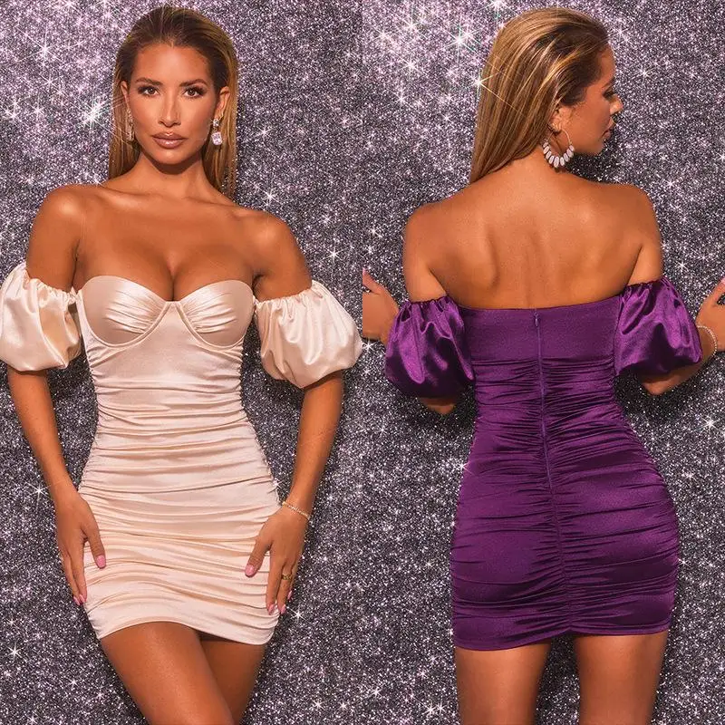 

2021 new retro bubble short-sleeved sexy strapless slim solid color short dress, Picture color