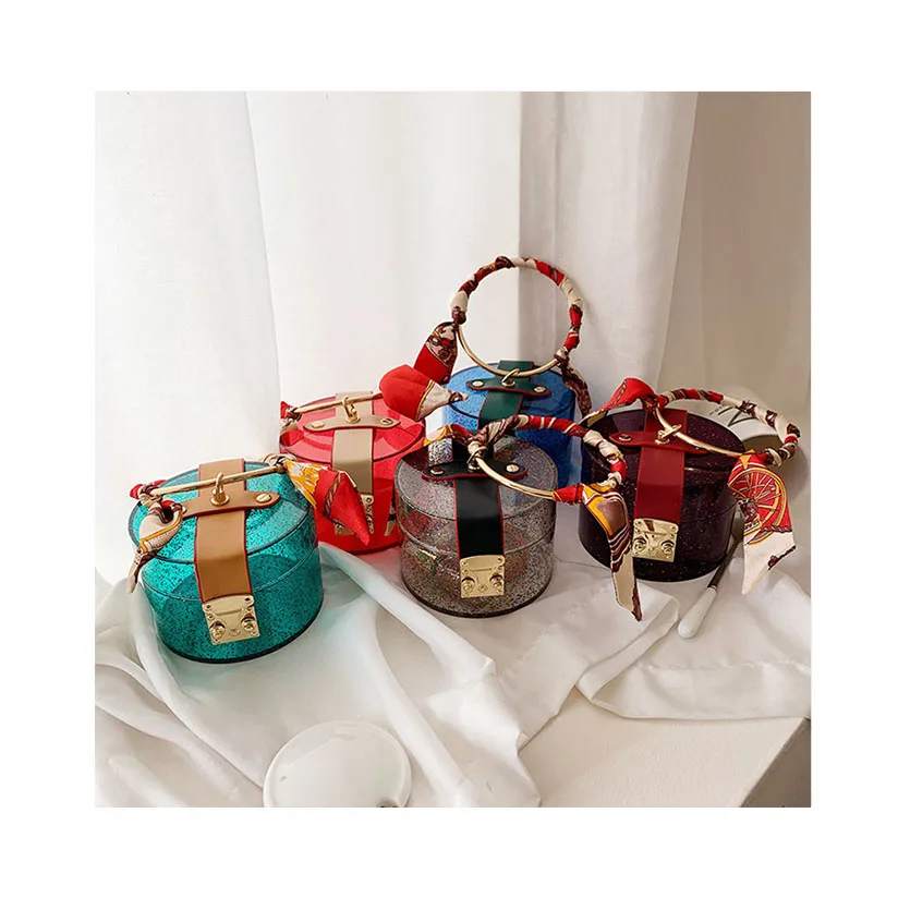 

Transparent Bucket handbags Women Sequined Scarf Round Metal Handle Mini Crossbody Bags PVC Clear Shoulder Bag Evening Clutch