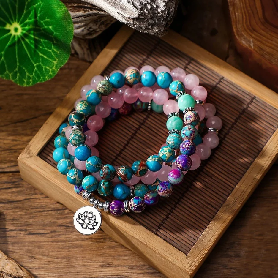 

Yoga Natural Emperor Jasper Turquoise Rose Quartz Stone 108 Mala 8mm Bead Lotus Pendant Necklace