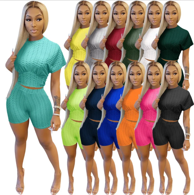 

kuchi new arrival summer women fashion casual bubble fabric two piece set crop top and shorts set