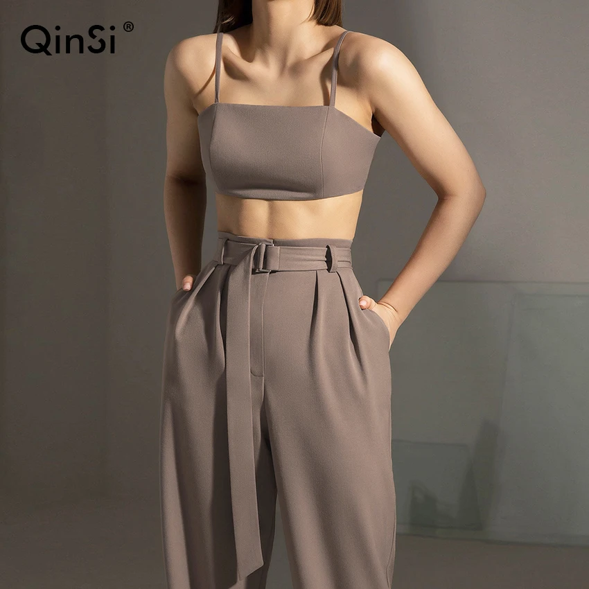 

QINSI Womens Wide Leg Pants Spring Summer Belt High Waist Trousers Pleated 18 Brown Elegant Ladies Office Trousers