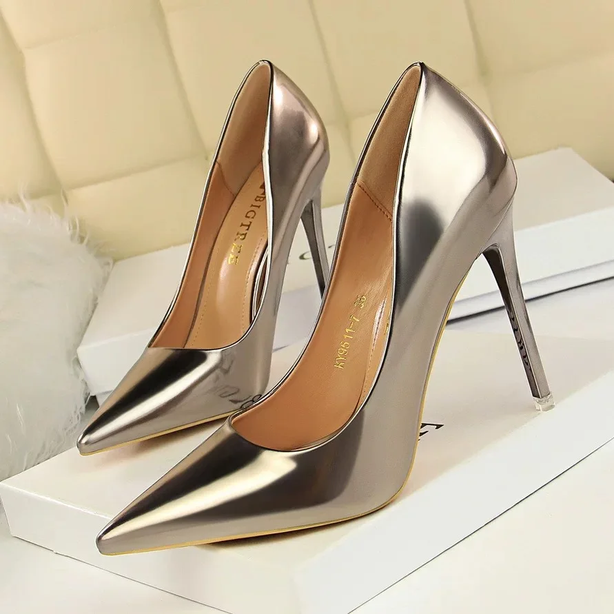 

cz18025a New design female patent leather gold pointed toe high heels women shoes, Gold/sliver