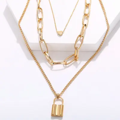 

2020 new design lock heart 3 layers multi chain necklace