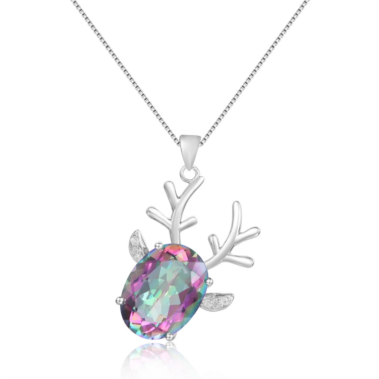

Abiding Natural 12X16 Mystic Quartz-Rainbow Gemstone Jewelry Animal Deer 925 Sterling Silver Fashion Pendant Necklace Women