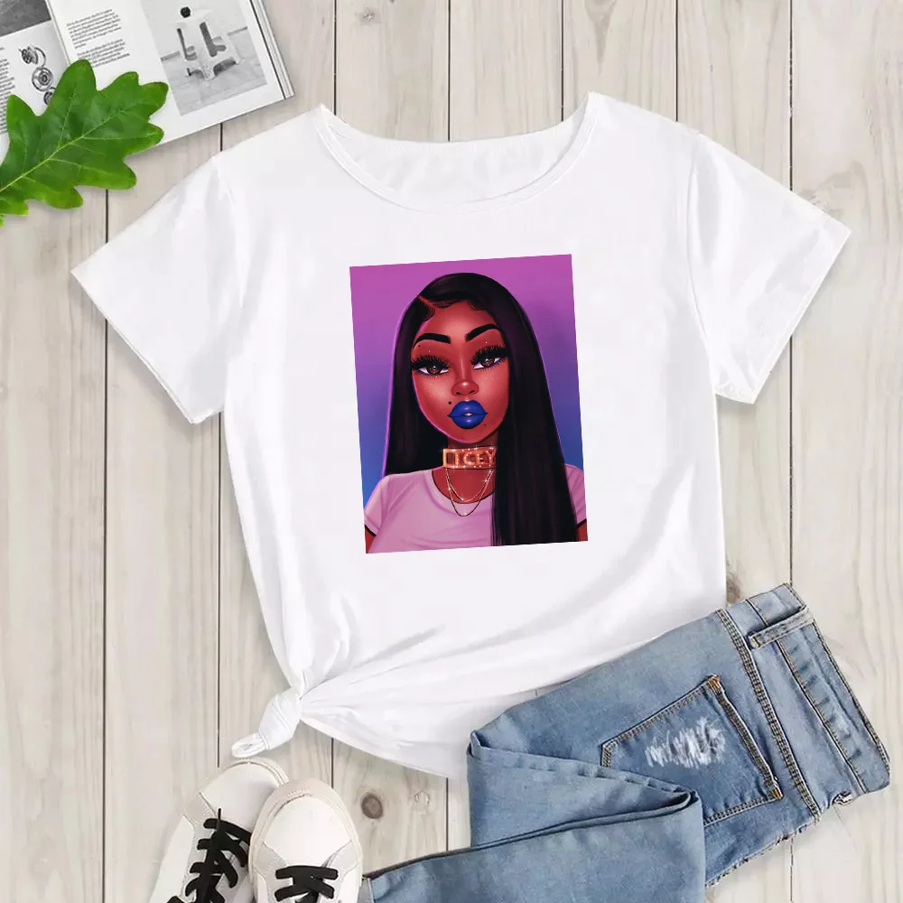 

2010 Newest Women T-Shirt Melanin Black Girl Series Print T Shirt Plus Size Shirt Round Neck Casual Graphic Tees, Picture showed