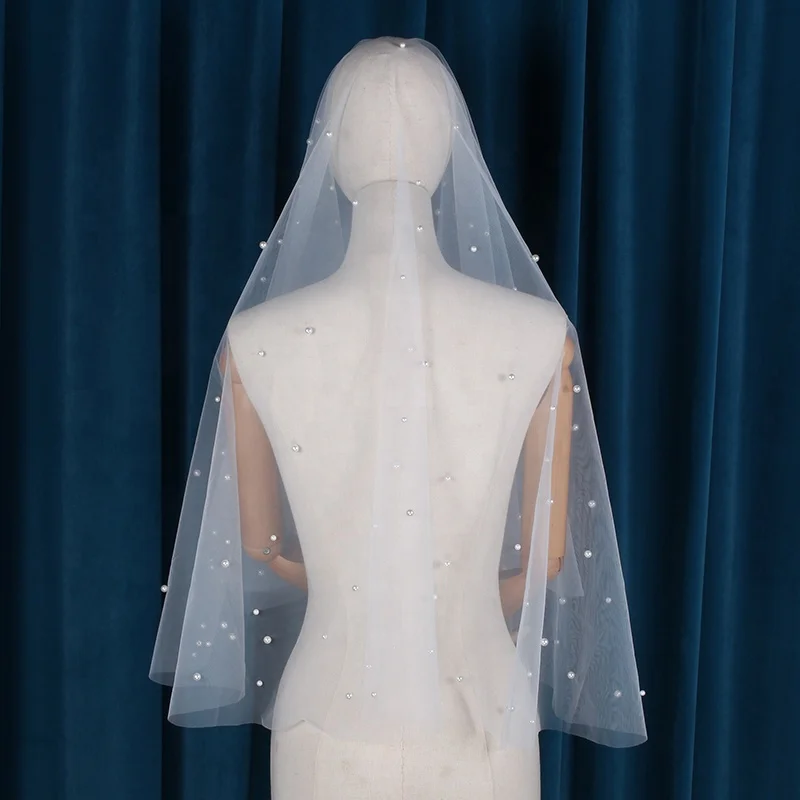 

One Layers White High Quality Wedding Veils With Pearl Soft Bride Veils For Women