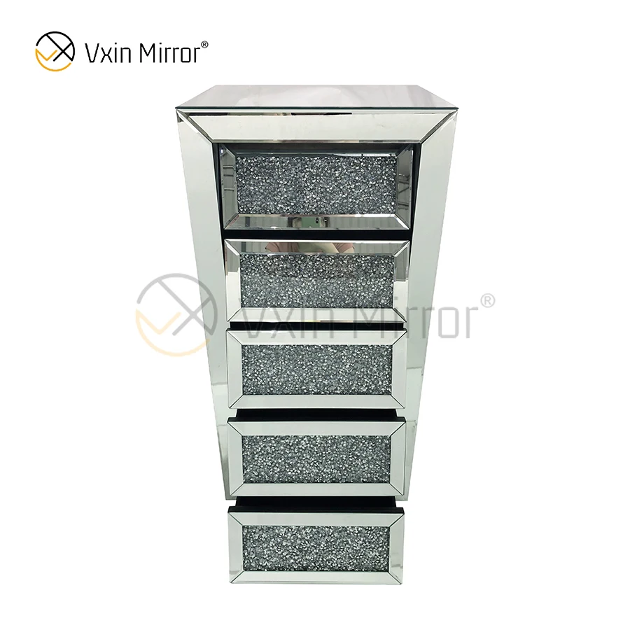 
Vxin Mirror Silver Crushed Diamond Nightstand Bevel Bedside Table With 5 Drawer 