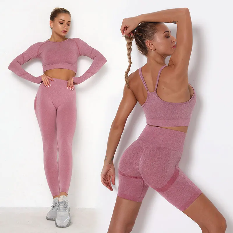 

2021 New Style Yoga Suit Sports Bra Crop Top Peach Hips Leggings+Shorts Sportswear Women's 4pcs, 10 colors