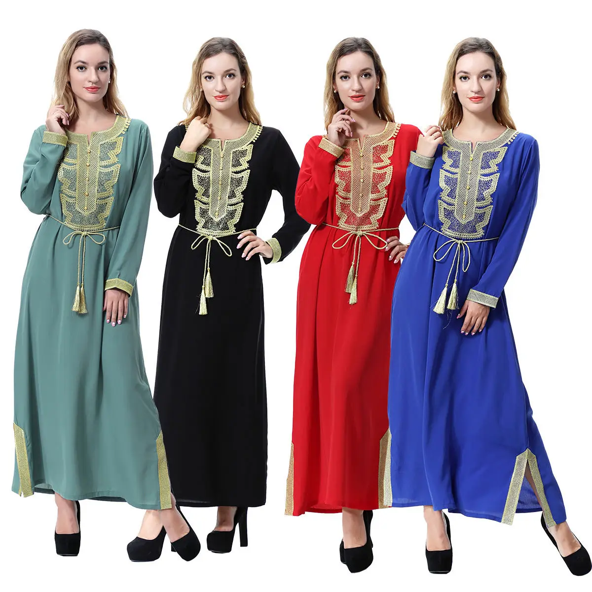 

Muslim Arab Middle Eastern Ladies Robe Parquet Lace-up Slit Long Skirt Prom Dress, As shown in color