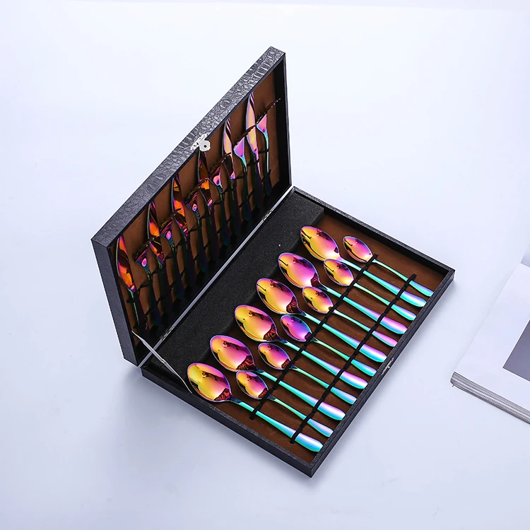 

24Pcs Iridescent Tableware Gift Box Kitchen Dinner Set Stainless Steel Fork Spoon Knife Colorful Cutlery Flatware Sets, Iridescent flatware