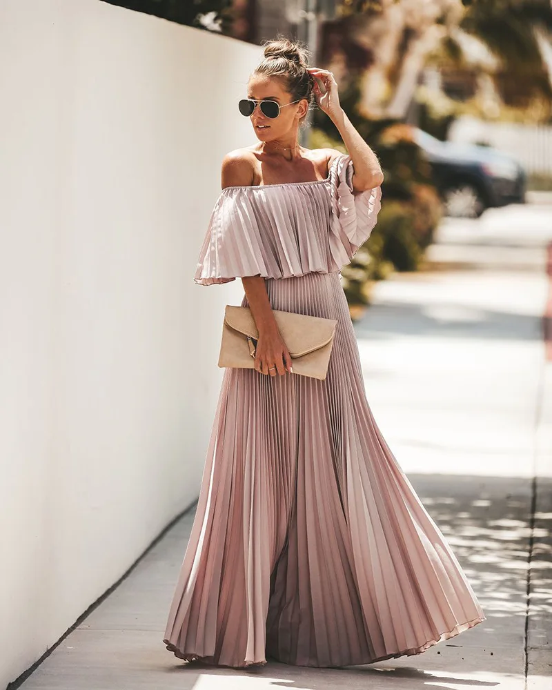 

2020 spring hot sale fashion clothes women long dress chiffon new style with one word collar batwing sleeve sexy off shoulder