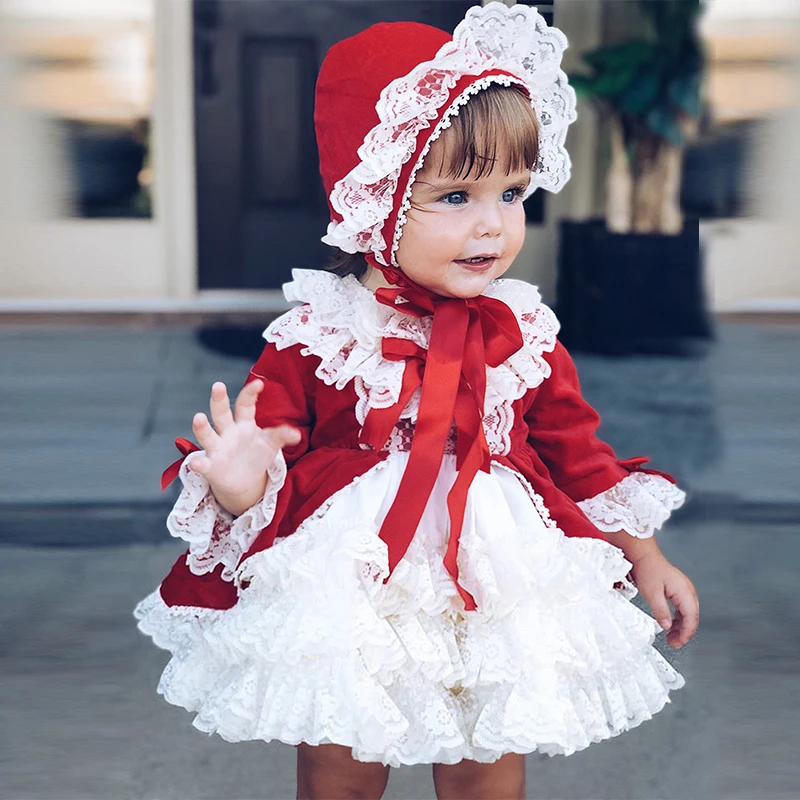 

Kids Boutique Spanish Dress Girls Lotia Red Lace Ball Gowns Baby Birthday Baptism Clothes Set Toddler Christening Frocks