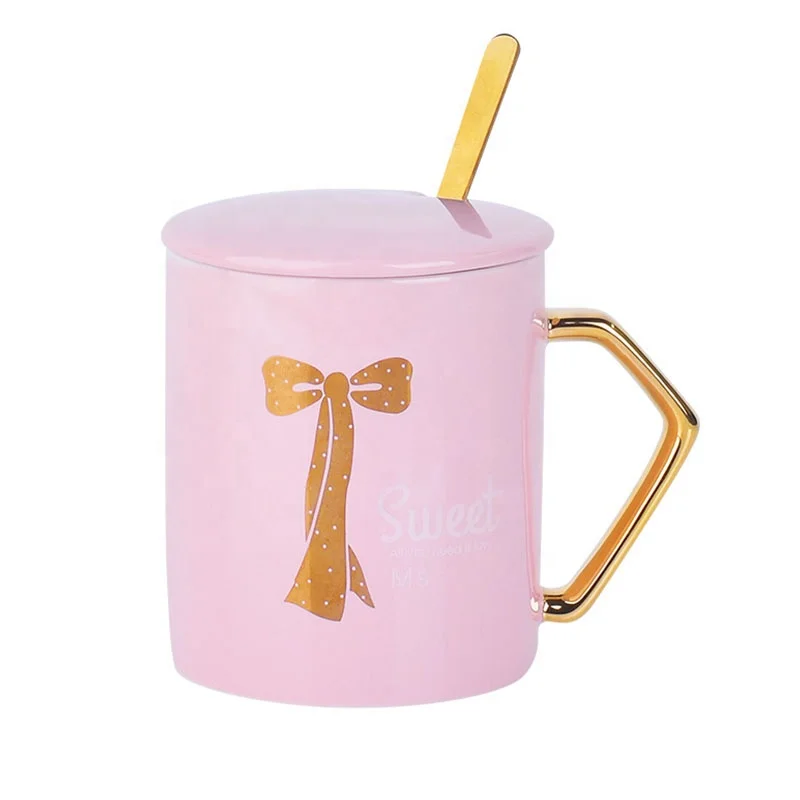 

Nordic Ceramic Mugs Trace in Gold Handle Bowknot Cute Ceramic Coffee Mugs Pink Mug With Spoon, As photo