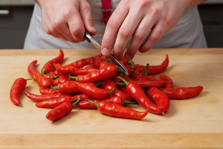Chef's hands preparing arbol peppers for cooking, showing the process of removing seeds and stems on a cutting board