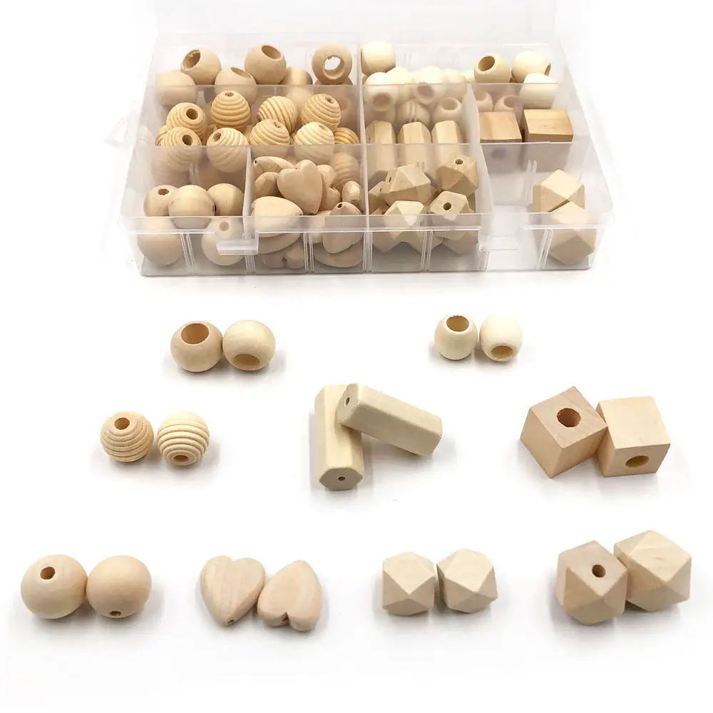 

108pcs Natural Wood Beads Set 9 Sizes Assorted Unfinished Geometric Polygon Wood Beads for Jewelry Making Garland Home Decor