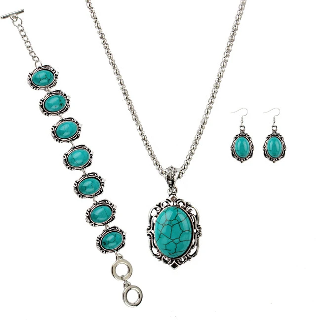 

GL1299 Vintage Oval jewelry set Turquoise stone necklace earrings and bracelet set Zinc alloy jewelry set, As photo