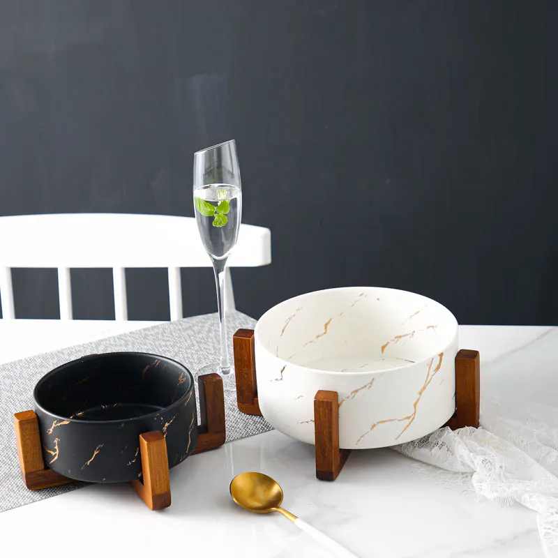 

Exquisite home wedding restaurant different size rice marble luxury ceramic salad bowl set with wood stand