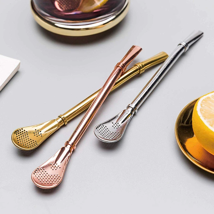 

Eco friendly Party Straw Reusable 304 Stainless Steel Portable Coffee Tea Set Flitter Spoon Straw