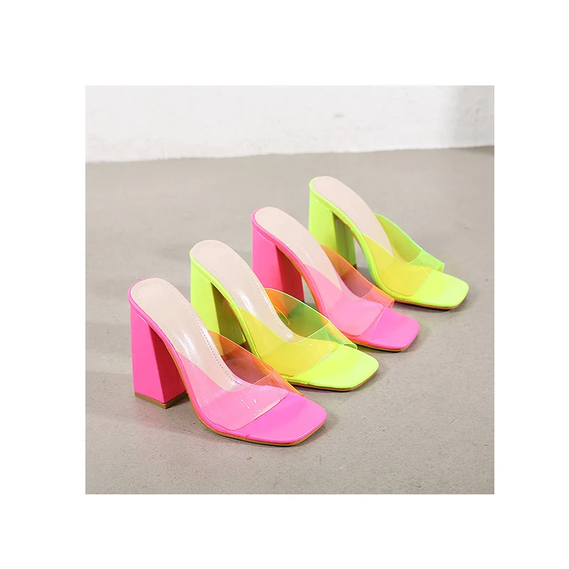 

2021 Trendy Square Peep-Toe Women Sandals Transparent Comfortable PVC Slippers Summer Chunky Heeled Candy Color Clear Sandals