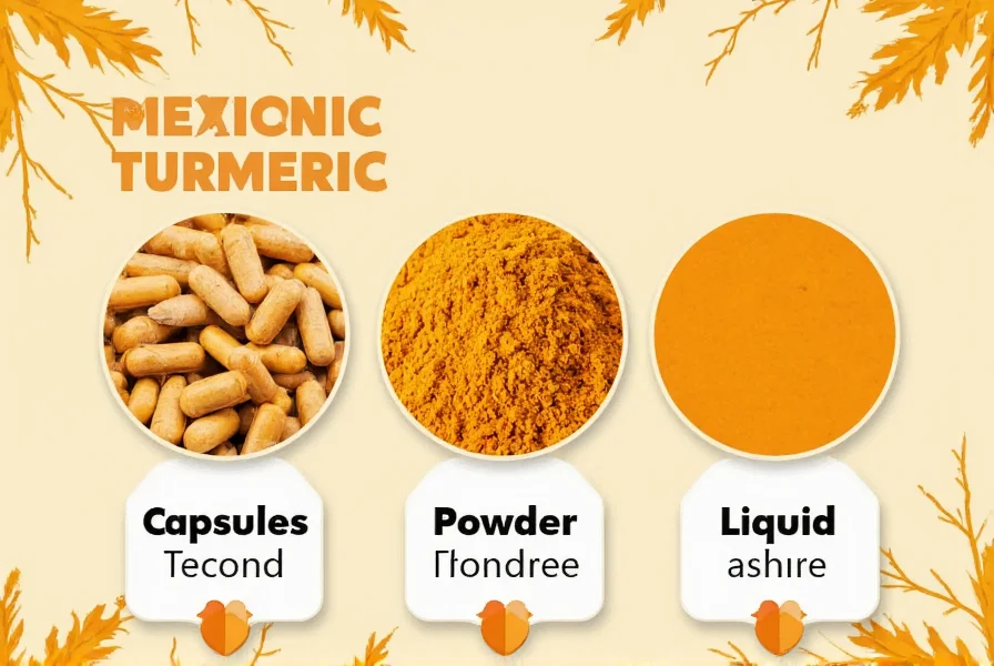Different turmeric supplement forms showing capsules, powder, and liquid extracts with bioavailability comparison