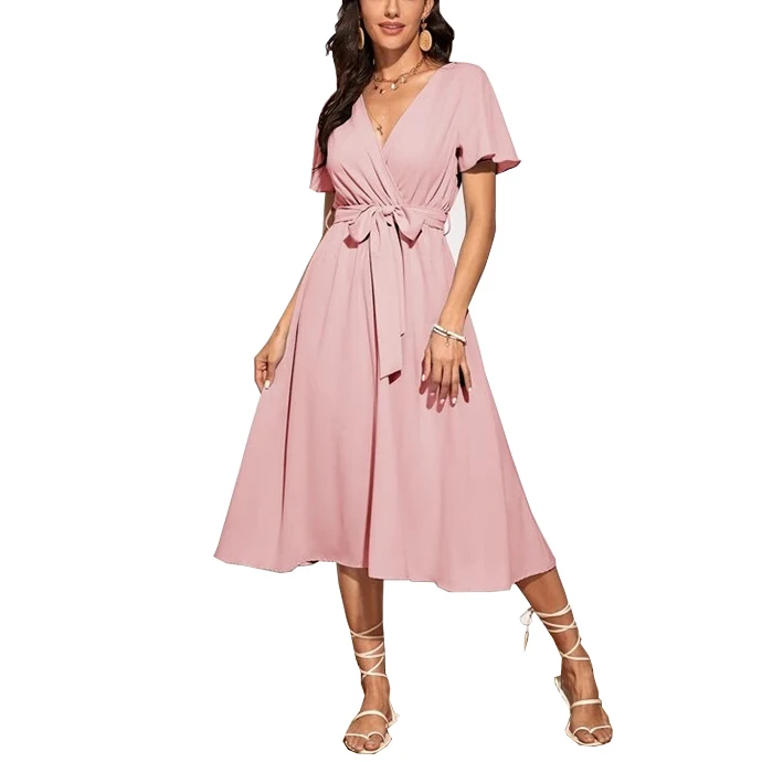 

GOTS Verify New Arrival Women Dress Empire Waist Ruffle Fly Sleeved Belt Dress