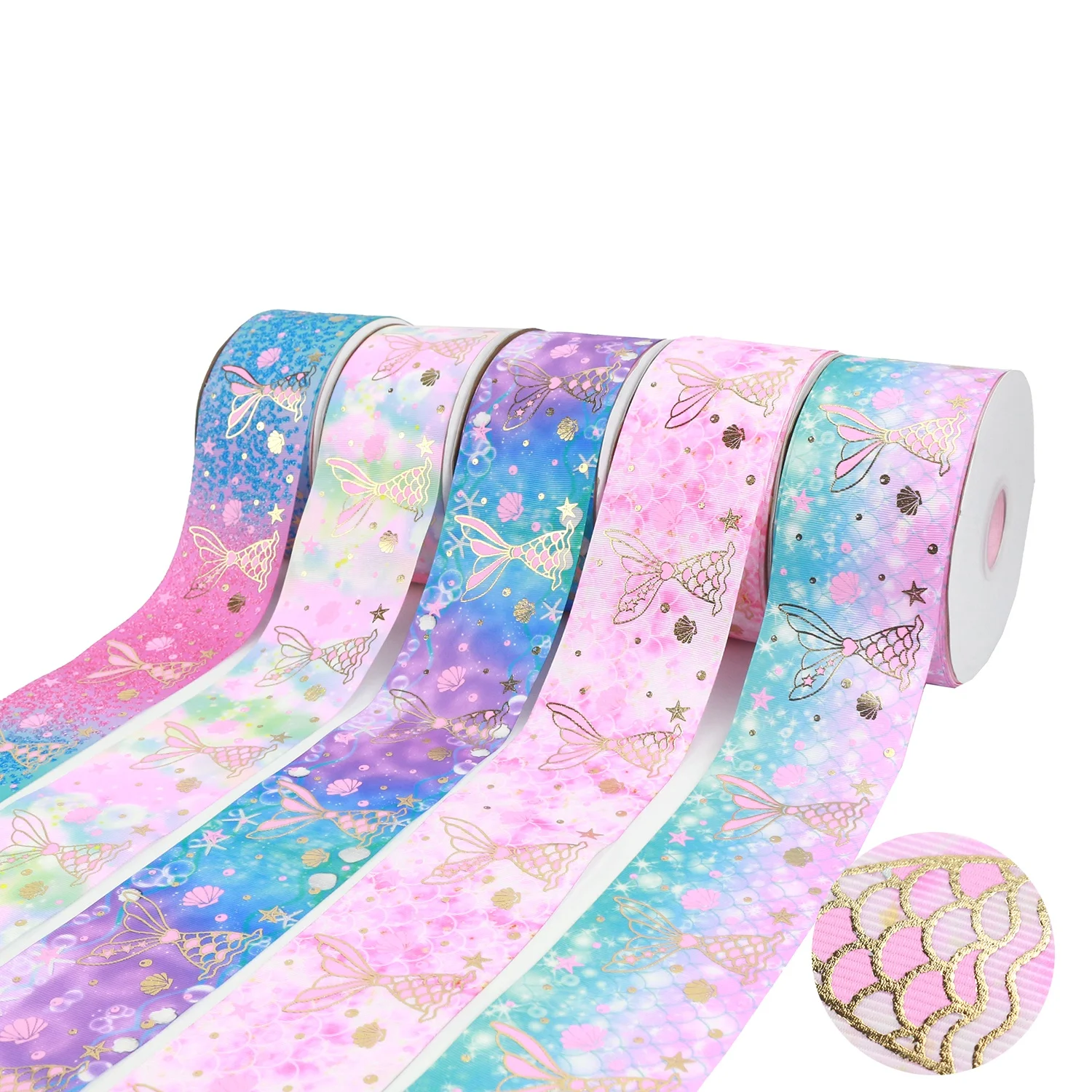 

Midi Listones New Arrival Popular Fish Tail Pink Gold Foil Printed Hair Ribbons Grosgrain Ribbon 3 Inch