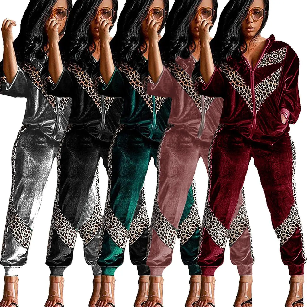 

F21508A 2020 hot style autumn leopard print two-piece set suits women set, Black, silver, green, pink, burgundy