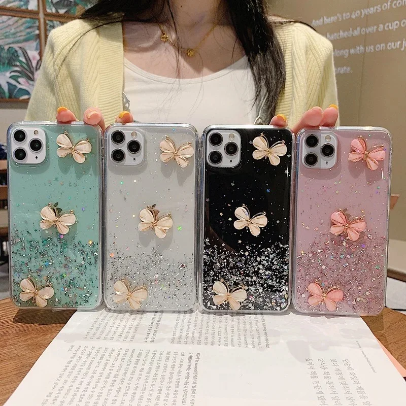 

New design 3D Girly Bling Glitter Butterfly Phone Case for iPhone 12 Gold Foil Epoxy Gel TPU Cover for iPhone 11/7/8 XR XS MAX, White, pink, black, blue