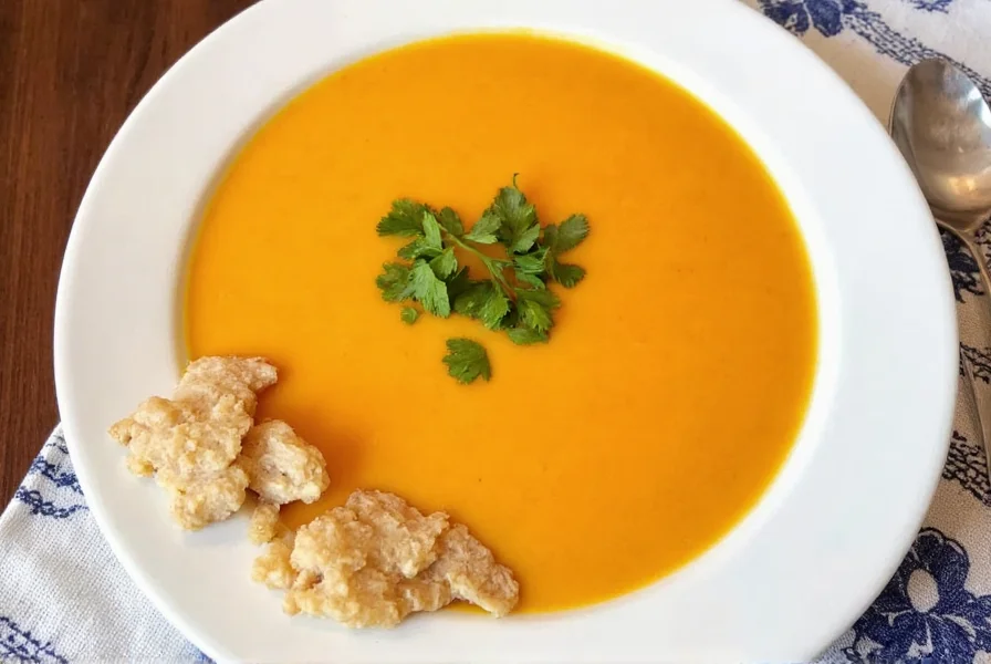Vibrant orange carrot ginger soup in white bowl with fresh cilantro garnish and crusty bread on wooden table
