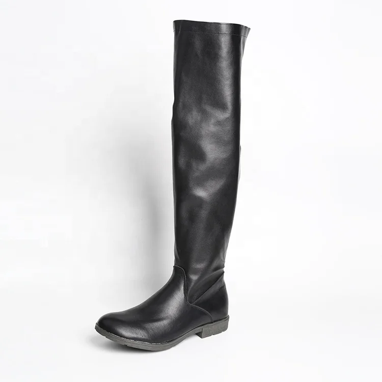 

Custom Women's Solid Color Flat Leather Boots Over The Knee Black Boots Side Zipper Thigh High Shoes