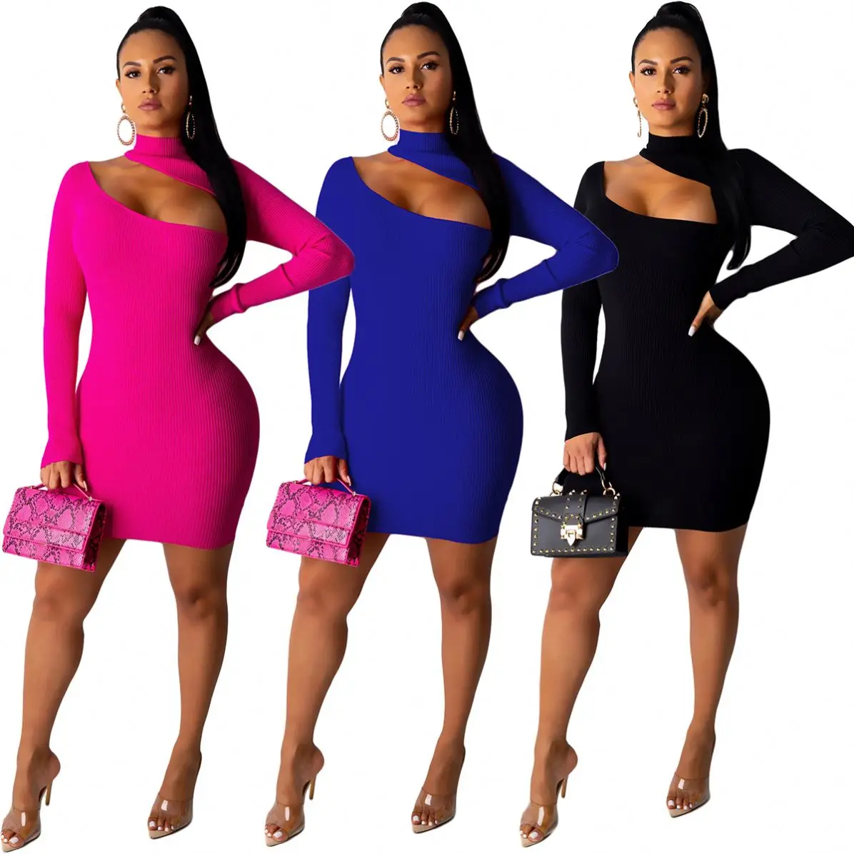 

Trendy fashion strapless ribbed dress women hip wrap long sleeve dress solid color high collar club club short jersey dress