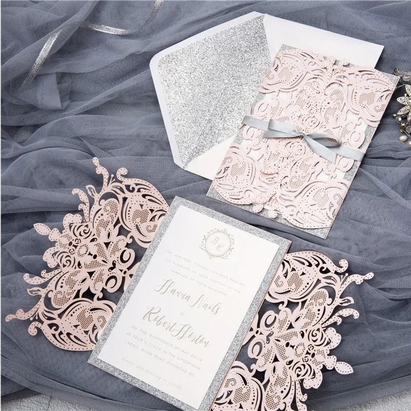 Glitter Laser Cut Wedding Invitations With Ribbon And Envelopes