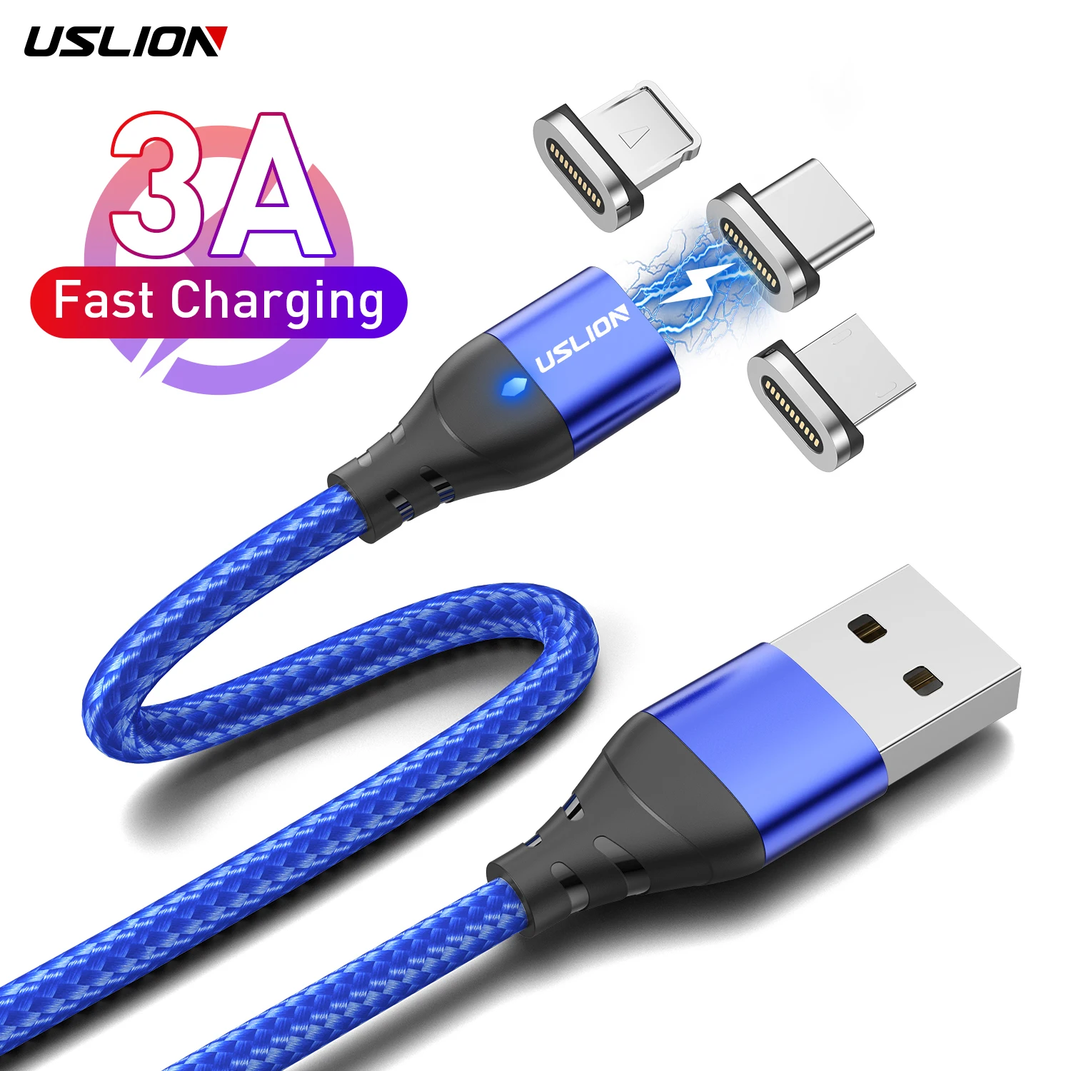 

USLION 3 in 1 2M Magnetic Charging Cable Charger Data Cables Micro USB Type C IOS for VIVO X70, Black red blue silver