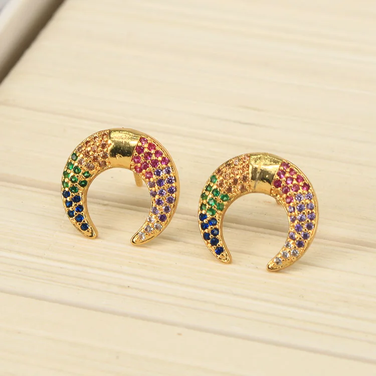 

EC1167 18k gold plated diamond cz micro pave rainbow crescent stud earrings jewelry for women ladies