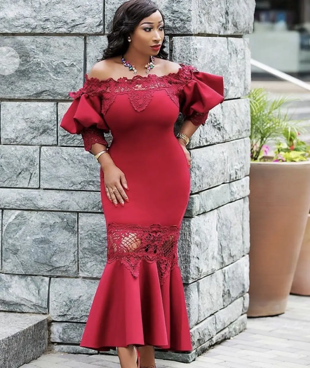 

Women lace patchwork mermaid dress off shoulder plus size American&African ladies party dress, Pink red or customized