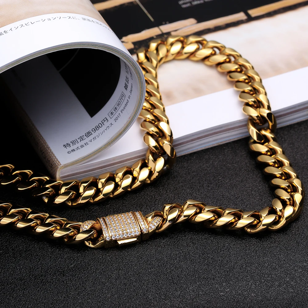 

KRKC&CO CZ Stone Zircon Buckle 24inch 12mm 18K Gold Plated Stainless Steel Miami Cuban Link Chain