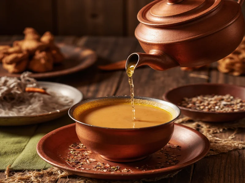 Homemade chai tea being poured from traditional Indian pot