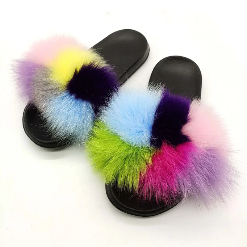 

2021 Colorful Hot Selling Womens Real Fox Fur Handmade Slippers With Logo Customized, Colours
