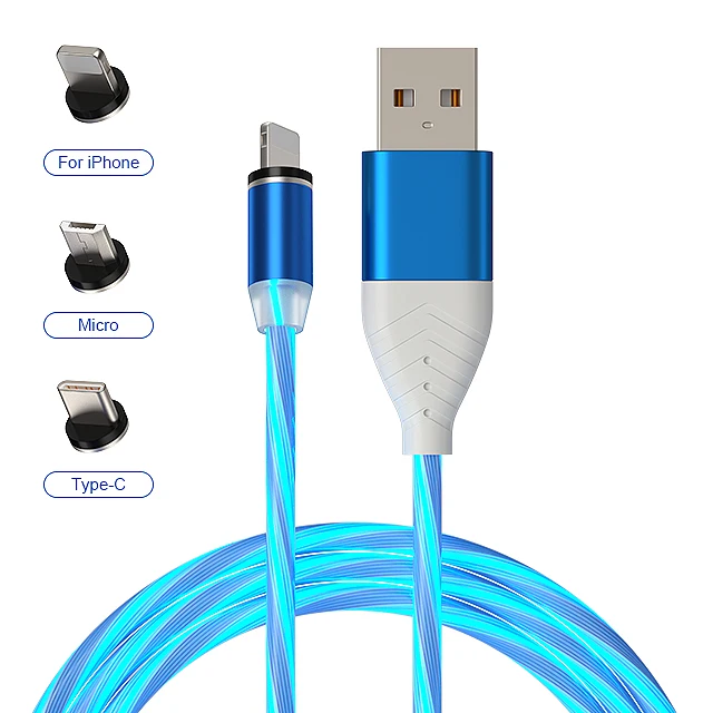 

Hot sale 3 In 1 Micro Type C Led Glow Flowing Light Magnetic Mobile Phone Charger Cable